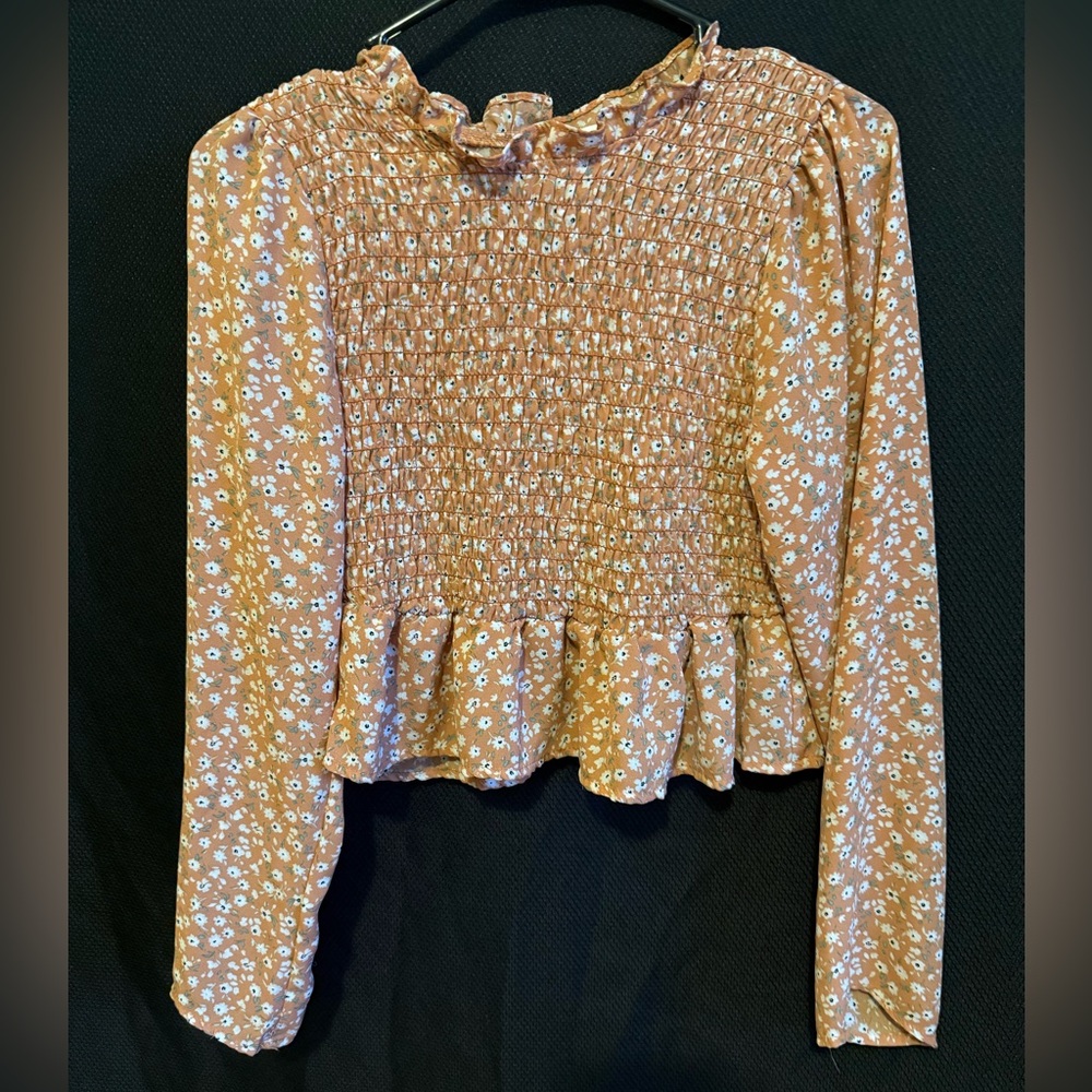 Floral Smocked Ruffle Top - Tan